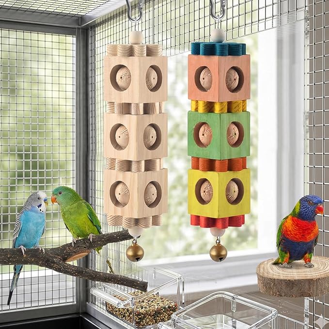 4PCS Parakeet Toys Bird Perch Set with Forked Perches & Round Log Platform, Bird Toys for Parakeets Hanging Rotating Wood Block with Bell Parrot Perch for Cockatiel, Conure, Caique
