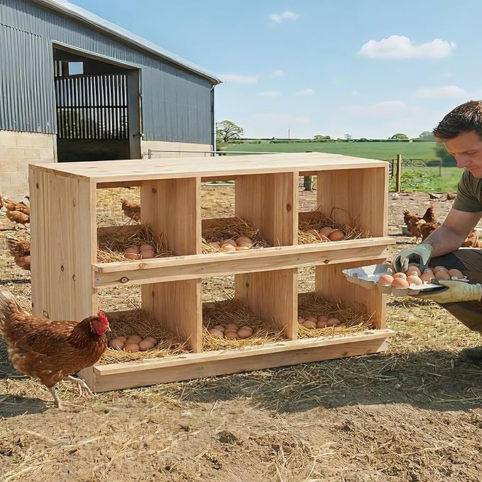 GarveeLife Wooden Chicken Nesting Box, 6-Compartment, Wall-Mounted or Floor-Standing Laying Box for Hens, Egg-Roll-Proof Design with Perch and Easy Egg Collection, Natural Wood, Sun-Resistant