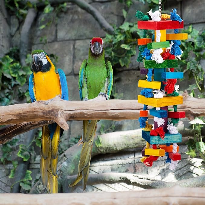 Seenelling 3 Pcs Extra Large Bird Parrot Toy Multicolored Natural Wooden Parrot Cage Chewing Toys for Large Medium Macaws Cockatoos African Grey Birds (Block and Rope)