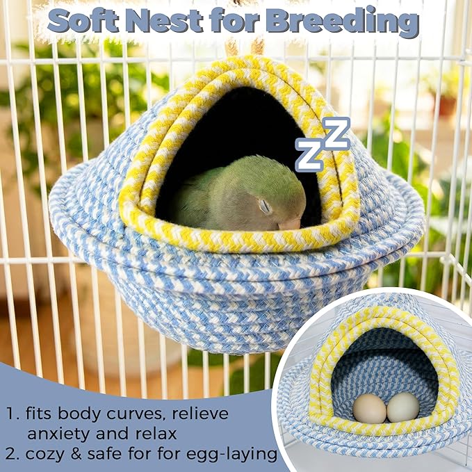 Natural Hand-Woven Cotton Bird Nest for Cage, Dual-Mount Sturdy Cozy Parrot Nest Bed & Breeding House, Hanging Bird Hut for Budgie, Lovebird, Small Bird Sleeping Bed Hideout & Shelter with Hooks