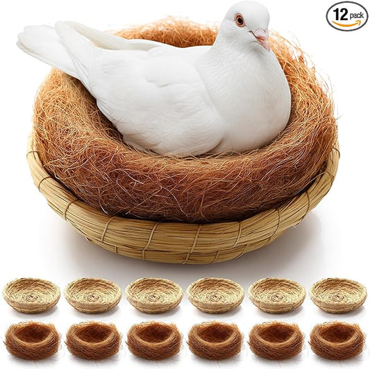 AceOrbit 12 Pcs/6 Set Bird Nest with Coconut Fiber Mats Set Hand-Woven Flat Base Pigeon Birdhouse Breeding Nest Small Animal Cage Accessories for Parrots Budgies Cockatiels Hamsters Gerbils and Pigs