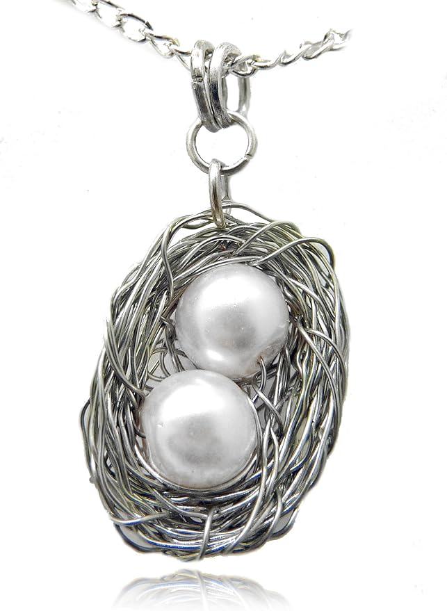 Necklace, Wire Wrapped Bird Nest Pendant with 2 White Pearl Eggs