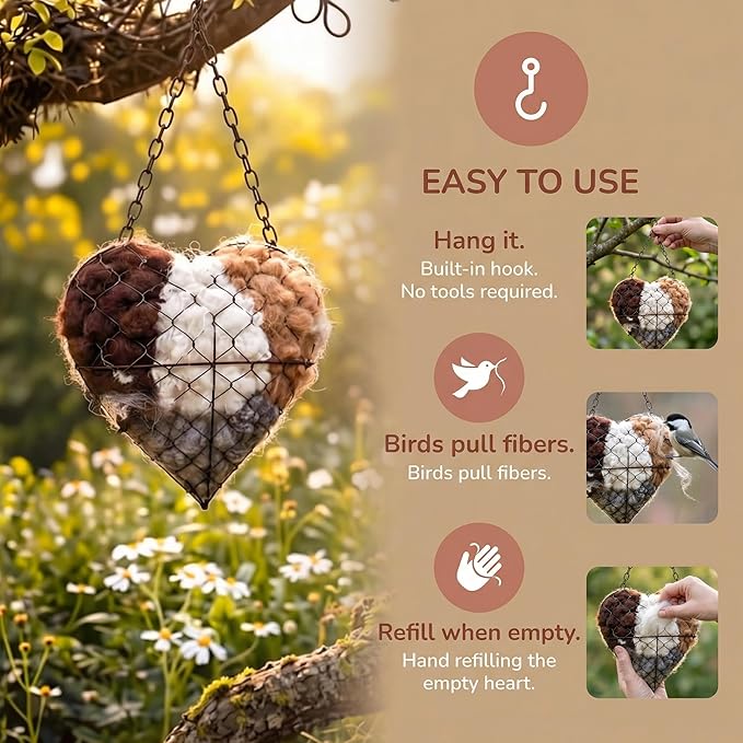 Handmade Alpaca Fiber Bird Nesting Heart – Refillable Bird Haven with 2 Nesting Material Refill Bags – Eco-Friendly Hanging Nest for Hummingbirds & Wild Birds, Garden & Yard Décor (3Set)