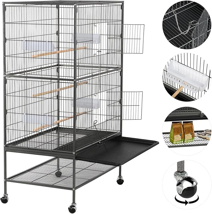 Costoffs 132cm Extra Large Rolling Metal Bird Cage Parrot Cage for Lovebird Cockatoo Conure with 3 Perches/4 Feeders/Extra Storage Shelf Black