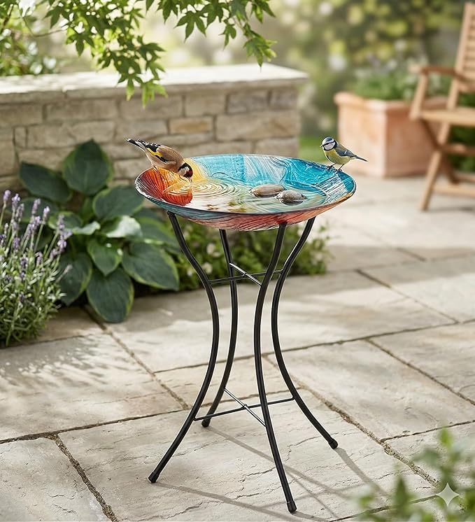 Regal Art & Gift Bird Bath with Stand - Durable Glass Bowl with Heavy-Duty Metal Stand, Easy to Fill, Ideal for Patio, Porch & Garden Décor - Swirl Multi