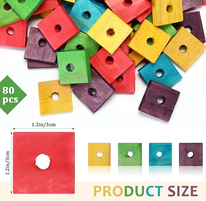 Sumind 80 Pieces Bird Toy Wooden Blocks Parrot Chewing Toys Mini Wood Chips Small Animals Cage Accessories for DIY Playing Chewing Shredding Mixed Large Bird Toys, Random Color