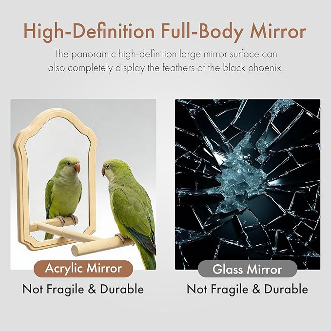 Parrot Mirror Toy with Natural Wood Perch | Fun Self-Entertainment for Birds | Prevent Boredom, Feather Plucking & Loud Calls | Acrylic Mirror and Wood Perch for Parakeets, Cockatiels, Lovebirds