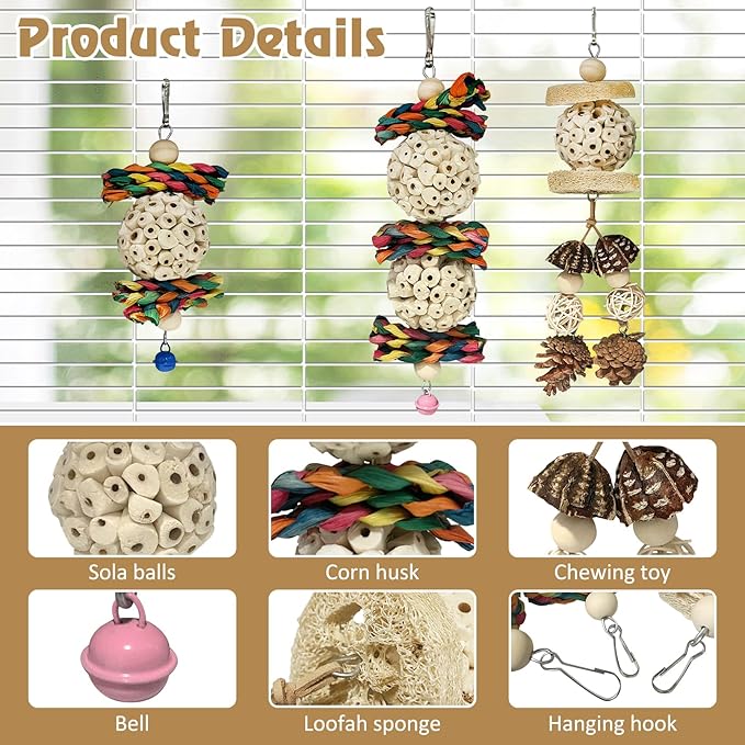 BNOSDM Hanging Bird Toy Sola Balls 3PCS Parrot Shredder Balls Natural Parakeet Foraging Toy Wood Bird Cage Chew Toys for Cockatiel, Budgie, Sun Conure, Quakers, Lovebirds (B)