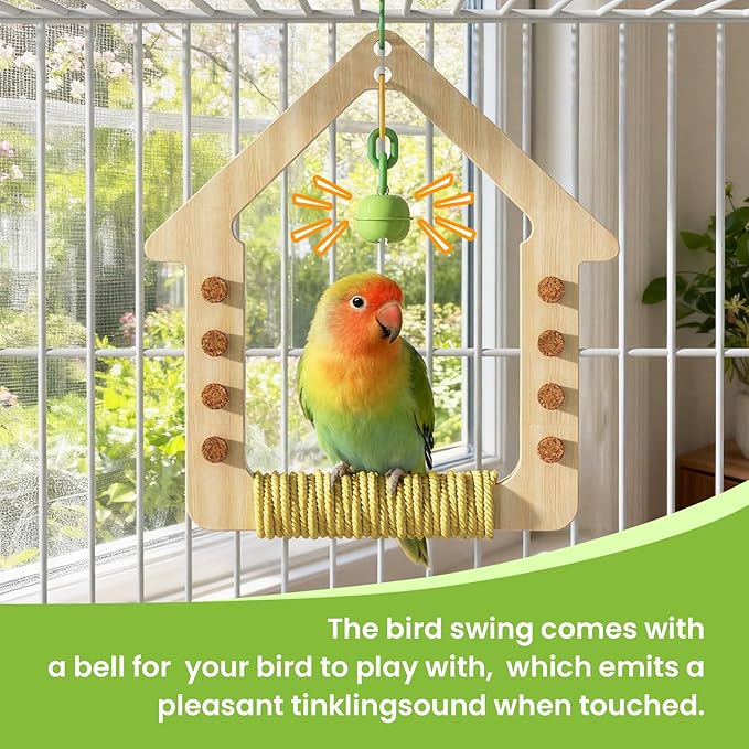 Bird Parrot Swing Toys Wooden Hanging Swing Perch Hammock Chewable Beak Grinder for Budgerigar, Parakeet, Conure, Cockatiel, Love Birds, Finches Finches and Other Small to Medium Birds