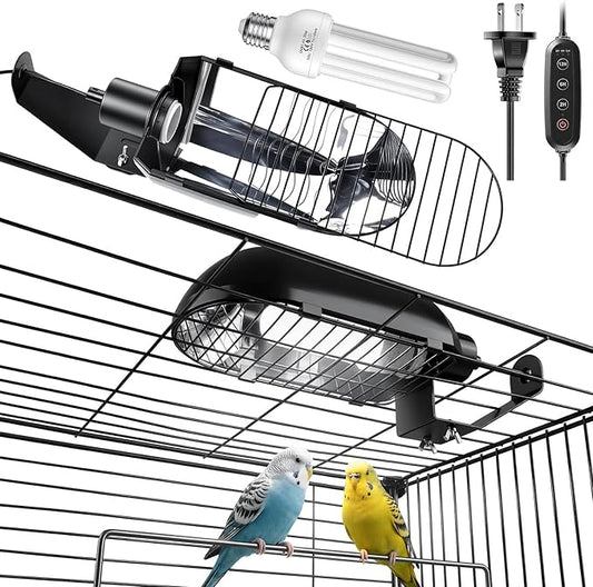 Bird Cage Light Fixture Combo Kit with Adjustable Timer,Lamp Hood with 2.4% UVB UVA 20W Compact Fluorescent Bulb for All Kinds Captive Birds Reptiles