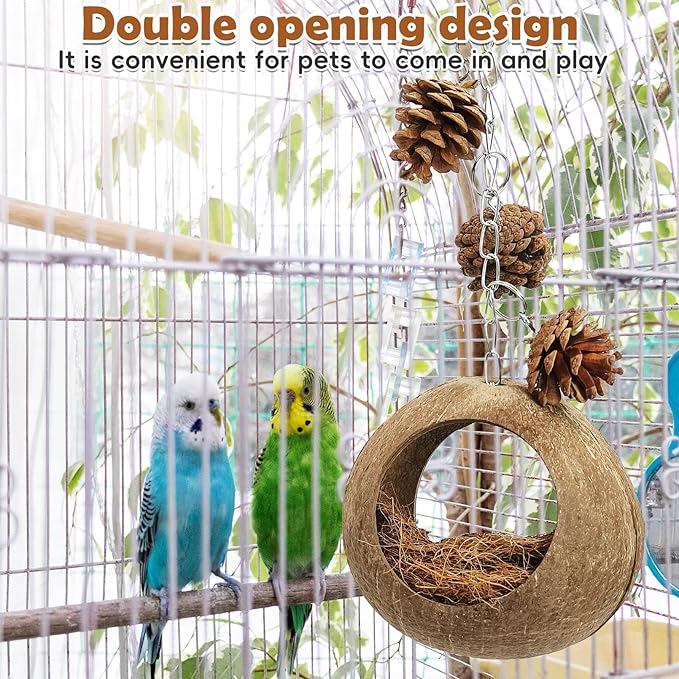PINVNBY Natural Coconut Shells Bird Nest, Double-Opening Bird House with Coir Fiber Outdoor Hanging Coco Hide Hummingbird Nest for Small-Sized Budgies Canaries and Sugar Gliders