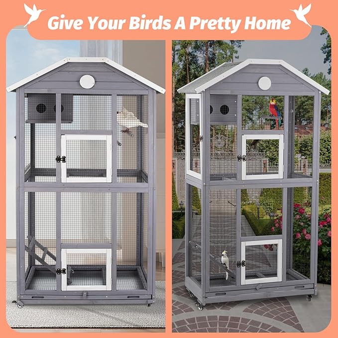 Gowoodhut Outdoor Bird Cage Large, Wooden Flight Aviary with Perches, Nest Habitat, and Easy-Clean Pull Out Tray for Parakeets, Macaws, and More