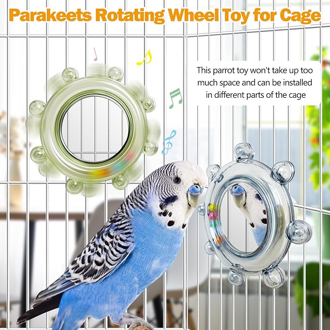 Hamiledyi Bird Rotating Toys with Mirror Interactive Spinner Rattle Parrot Toy Birds Chewing Toy Parakeet Cage Accessories for Entertainment Suitable for Conure Cockatiel Lovebird(Blue and Green,2PCS)