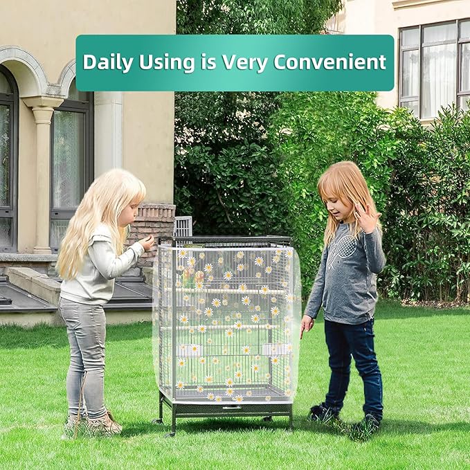 Large Bird Cage Cover, Bird Cage Seed Catcher, Adjustable Soft Airy Nylon Mesh Net, Birdcage Cover Skirt Seed Guard for Parrot Parakeet Macaw African (Daisy-White, 15.7" x118")