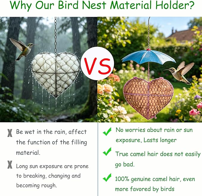 Camel Wool Handmade Alpaca Fiber Bird Nesting Heart - Refillable Material Holder for Wild Birds and Hummingbirds - Garden Art & Winter Shelter for Bird Lovers