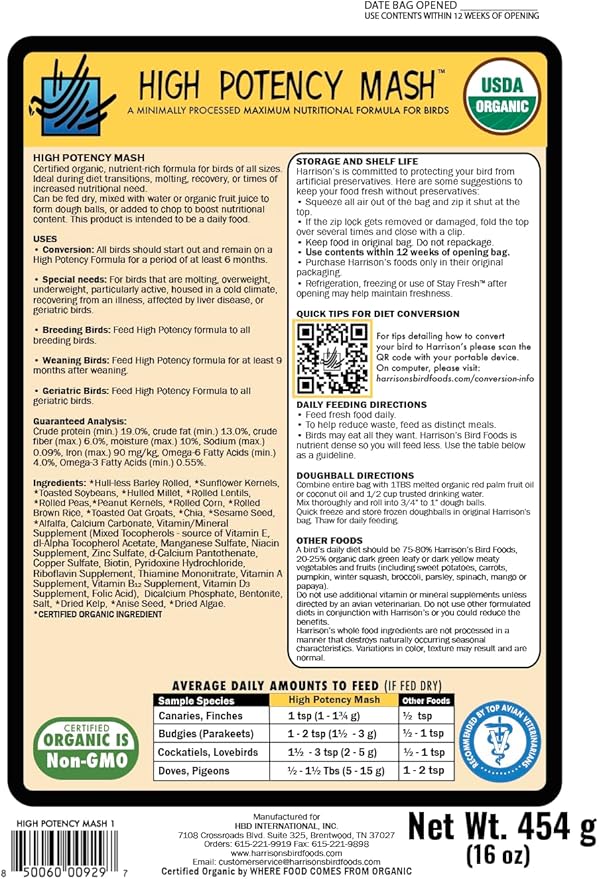 Harrison's Bird Foods High Potency Mash- Certified Organic, Non-GMO, Minimally Processed Nutrient-Rich Formula for Birds with Special Needs, Molting, Breeding, or Young Birds Under 1 Year 454g / 1lb