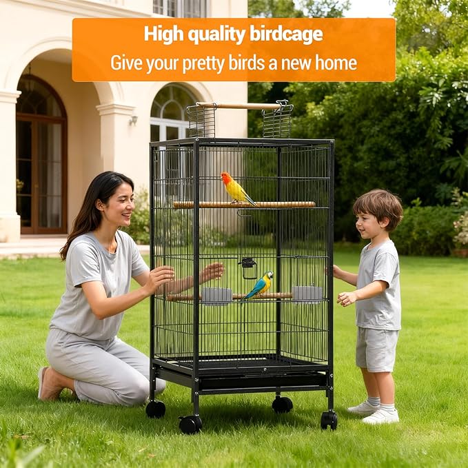 40 Inch Large Parrot Bird Cage with Play Open Top, Hanging Bird Cage with Slide-Out Tray Water Bottle Feeder for Parrot Parakeets Cockatiel Lovebird Pigeon and Small Mid-Sized Birds