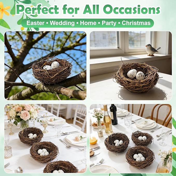 60 Pcs Artificial Rattan Birds Nest with Eggs for Crafts, Mini Faux Bird Nest for Easter Home Garden Decor Wedding Party(20 Pcs Mixed Small Size Nest & 40 Pcs Eggs)