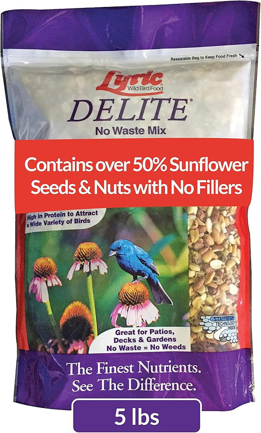 Lyric Delite Wild Bird Seed for Outside Feeders - No Waste Bird Food, Shell-Free Nuts & Seeds Mix, Attracts Buntings, Chickadees & Finches, 5 lb Bag