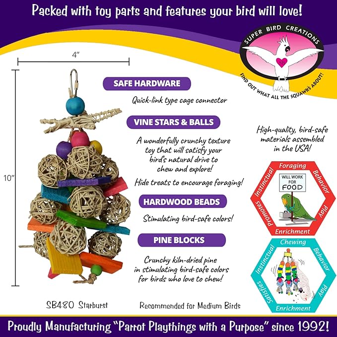 Super Bird Creations SB480 Starburst Bird Toy - Colorful Bird Toy for Medium Parrots, Cockatiels, Conures & Parakeets, Cockatiel Toy, Budgie Toys, Bird Toys, Bird Entertainment, Medium Birds, 10" x 4"