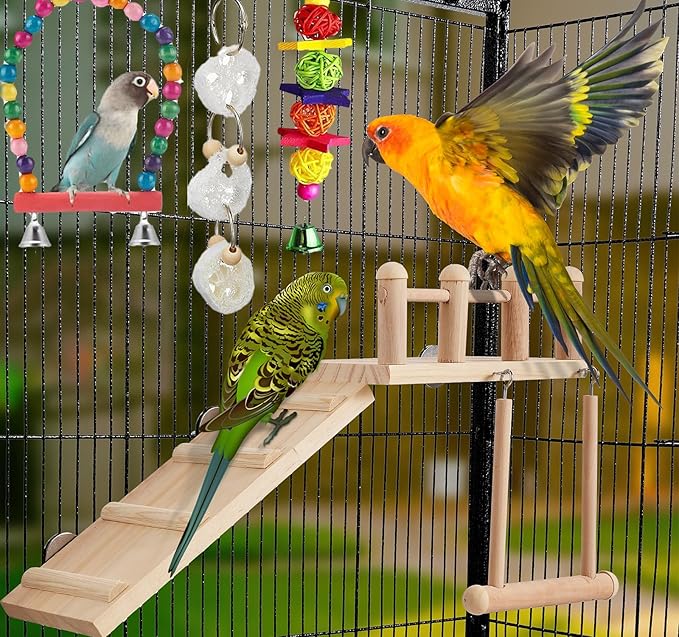 FrgKbTm Wooden Parrot Bird Perch Platform with Climbing Ladder,Parrot Play Stand Bird Swing Bridge Chewing Toys for Parakeet Cockatiel Conure Lovebirds (Bird Swing Set 2)