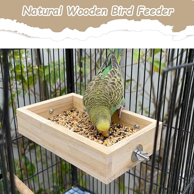 Bird Feeder for Cage, Wooden Food Dish for Small to Medium Birds Parrot, Hanging Plastic Food Water Bowls for Conure, Parakeet, Budgies, Cockatiel, Lovebird