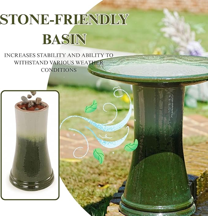 Ceramic Bird Bath for Outdoors, 18" H Weather-Resistant Birdbath for Garden Bird Watching, Pedestal Glazed Birdbaths, Grass Green