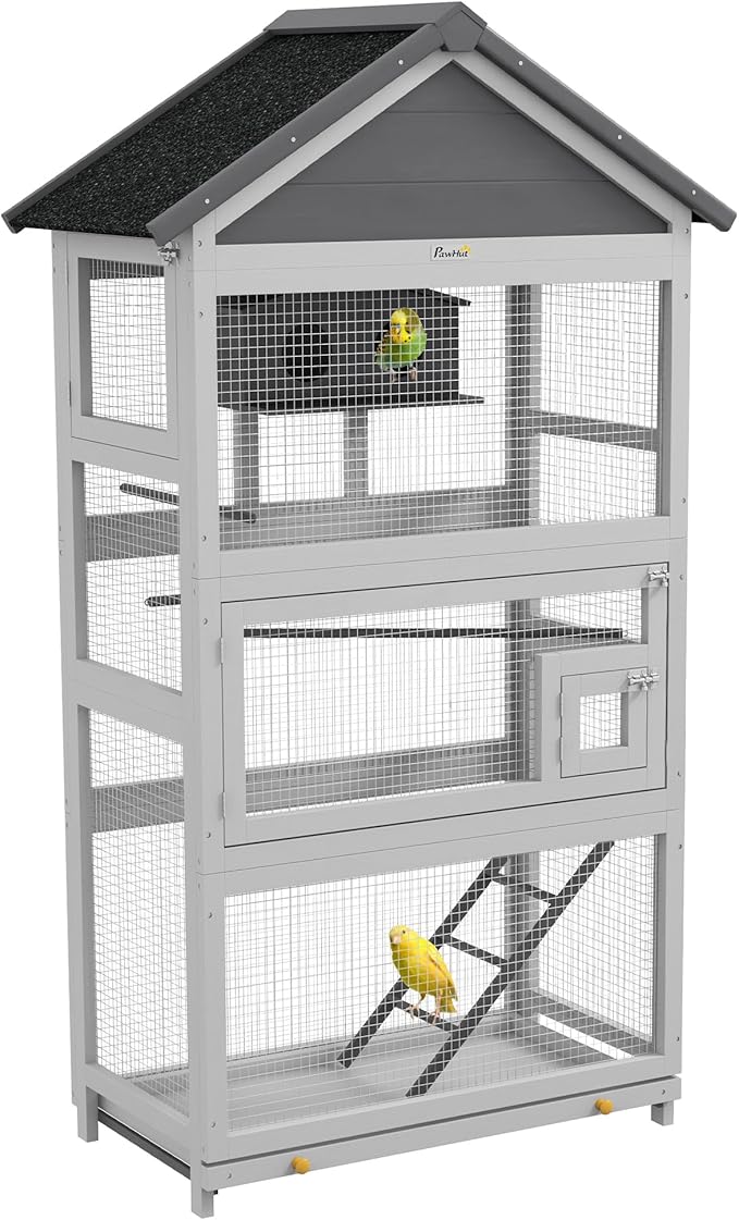 PawHut Wooden Bird Aviary, 67" Outdoor Bird Cage with Slide-Out Tray, Three Doors, Birdhouse, Ladder, Perches for Finches, Parakeets, Gray