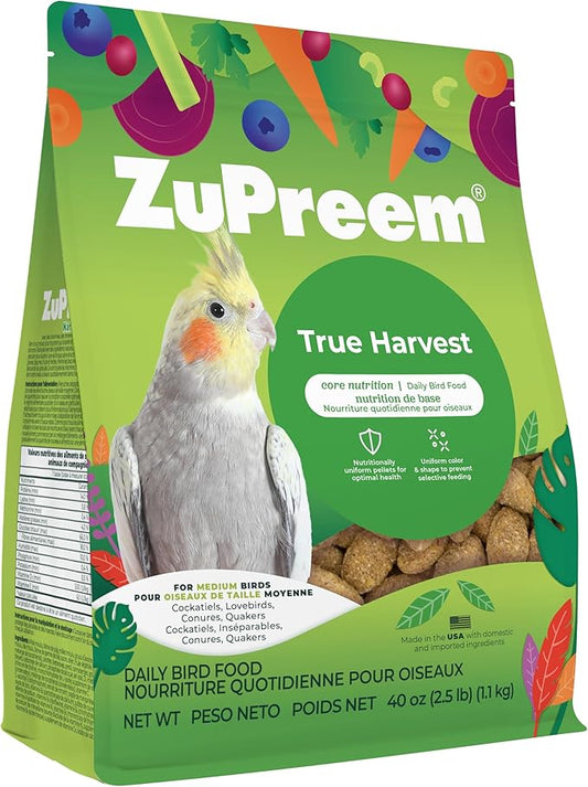 ZuPreem True Harvest Bird Pellets, Daily Bird Food for Cockatiel, Lovebird, Quaker, Small Conure, Lorikeet, Core Nutrition for Medium Birds, Added Vitamins, Cockatiel Pellets (M, 2.5 lbs)