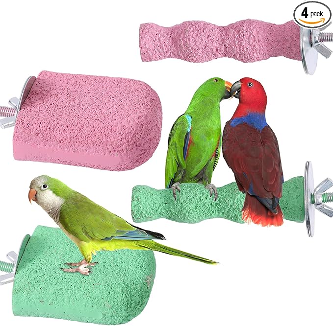 4pcs Bird Beak Grinding Stone, Beak Grinding Stone & Cage Platform Stand Perch Toy Foot Claws Trimmer Chewing Treats Toys Accessories for Parakeets Cockatiels Budgie Parrot Conures Lovebirds