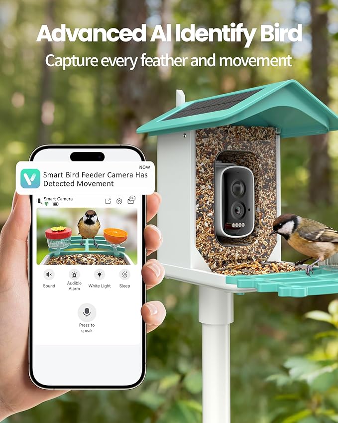 Smart Bird Feeder with Camera, AI Identifies 16,000+ Birds, Solar Powered, 2.5K HD, Auto Capture & Notify, Ideal Gift for Bird Lovers