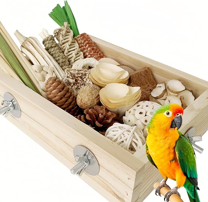 Wooden Foraging Box for Cage with 30PCS Natural Foraging & Chew Parrot Toy for Parakeets, Cockatiels, Conures & Lovebirds and Other Small to Medium Birds