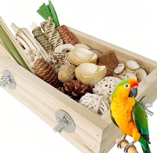Wooden Foraging Box for Cage with 30PCS Natural Foraging & Chew Parrot Toy for Parakeets, Cockatiels, Conures & Lovebirds and Other Small to Medium Birds