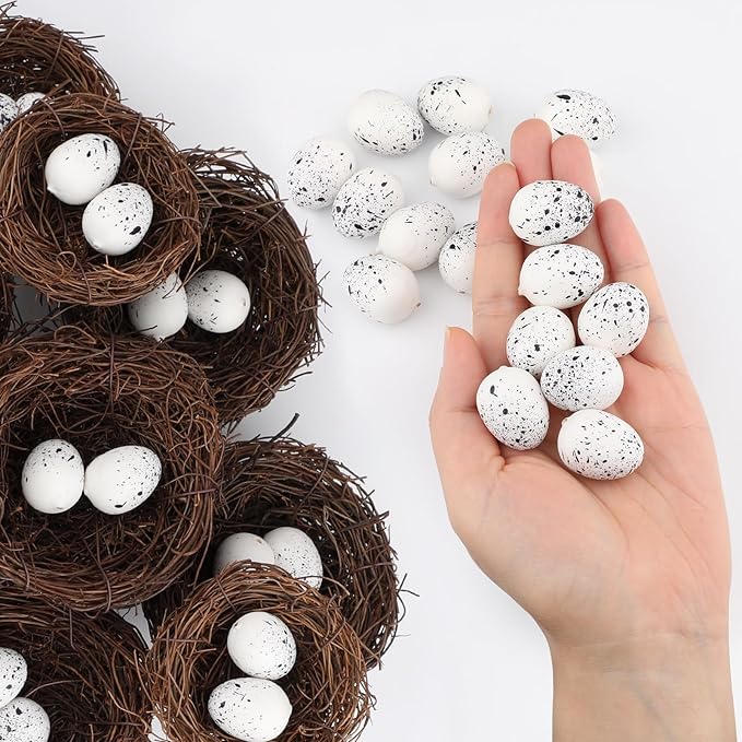 30Pcs Small Artificial Bird Nests with Eggs for Crafts,Handmade Natura Rattan Birds Nest for Easter, Wedding, Home, Party, and Christmas Tree Decorations(10pcs Mixed Small Size Nest, 20pcs Eggs)