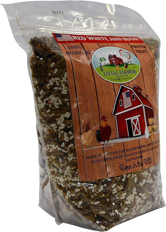 Red White and Bugs! Premium Non-GMO Black Soldier Fly Grubs, Blue Corn, Safflower Mix, Poultry Treat, USA Grown (5LB)