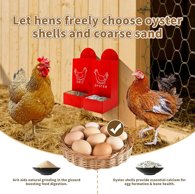 Chicken Coop Accessories, 2 Pack Red Metal Grit and Oyster Shell Feeder with Screw and Plastic Cable Tie, Chicken Feeder for Hen, Duck, Geese, Turkey and Other All Poultry