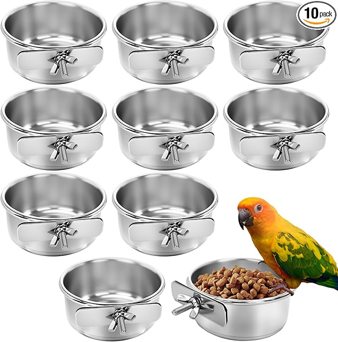 10 Pcs Bird Food Bowls Stainless Steel Parrot Cage Water Bowl Cups with Clamp Holder Parrot Feeding Dish Coop Cups Parakeet Cockatiel Conure Lovebird Budgies Chinchilla Small Pet Animal