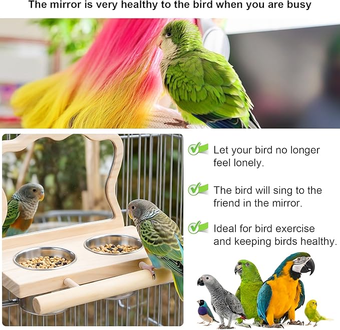 Bird Perch Platform Toy with Mirror, Standing Rack & Stainless Steel Bowl - Wooden Play & Exercise Gym Stand, Cage Accessory for Cockatoos, Lovebirds, Budgies, Pacific Parrotlets & Canaries