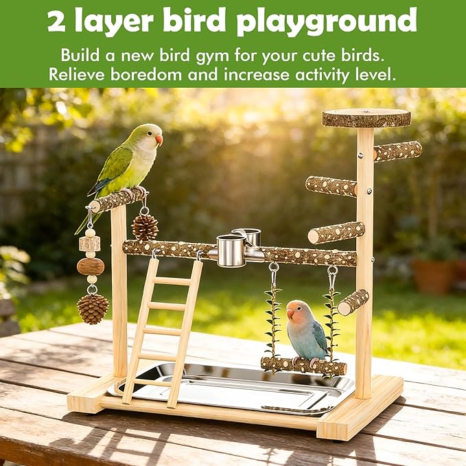 Bird Playground，Natural Wood Bird Perch Stand Parakeet Playground with Swing, Ladder & Feeder Cups，Birds Play Stand for Cockatiel Parakeet Lovebirds Conure