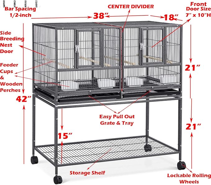 Combo One Stacker Strudy Wrought Iron Center Divided Breeder Breeding Bird Flight Double Rolling Cage for Aviaries Canaries Cockatiels Lovebirds Finches Budgies Small Parrots