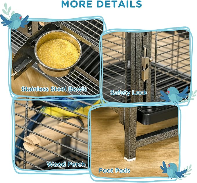 PawHut 18" Heavy Duty Wrought Iron Travel Bird Cage Carrier with Handle Perch and Accessories - Black