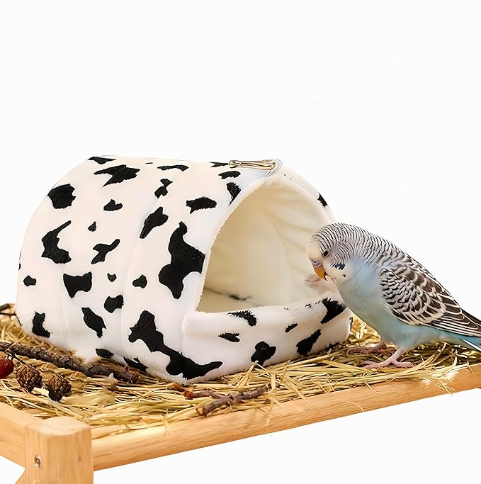 Warm Bird Nest House Plush Birds Hut Bed Hanging Hammock Sleeping Bed Bird Snuggle Cave Hanging Tent for Parrot Parakeet Cockatiel Conure African Grey Macaw-Cow Print