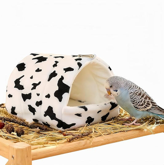Warm Bird Nest House Plush Birds Hut Bed Hanging Hammock Sleeping Bed Bird Snuggle Cave Hanging Tent for Parrot Parakeet Cockatiel Conure African Grey Macaw-Cow Print