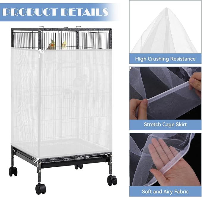 Trinkrittey Large Bird Cage Seed Catcher, 31 x 118 inches Adjustable Large Bird Cage Cover Elastic Band Mesh Cages Cover Skirt Nylon Mesh for Parakeet Parrot Cages
