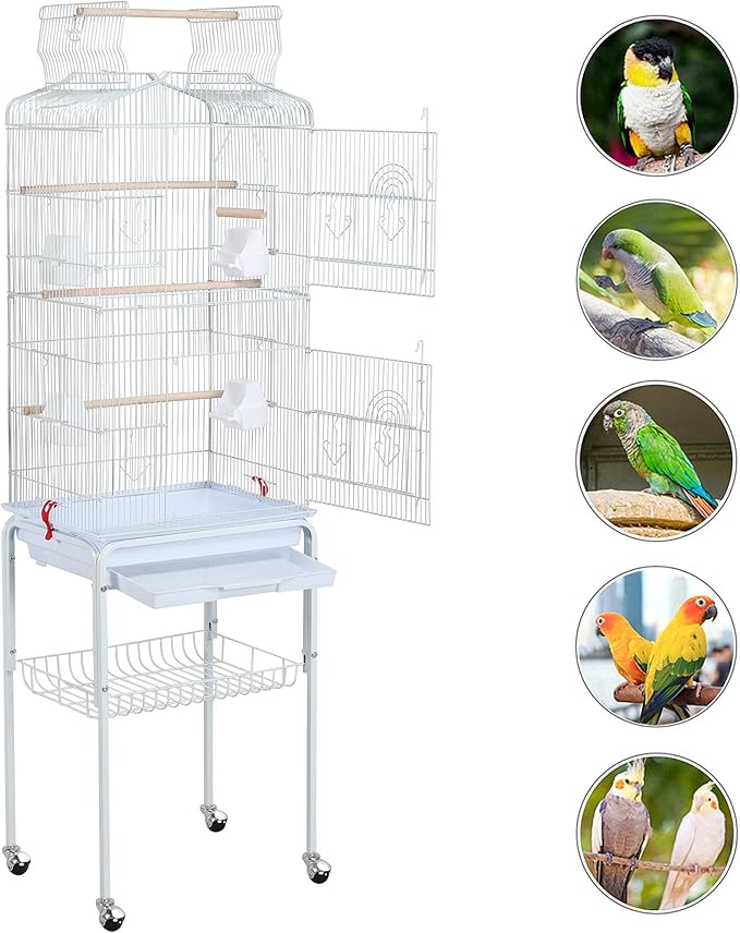 Topeakmart Open Play Top Large Parakeet Bird Cage for Small Birds Parrots Budgies Finches Canaries Lovebirds Metal Bird Cage with Rolling Stand, White
