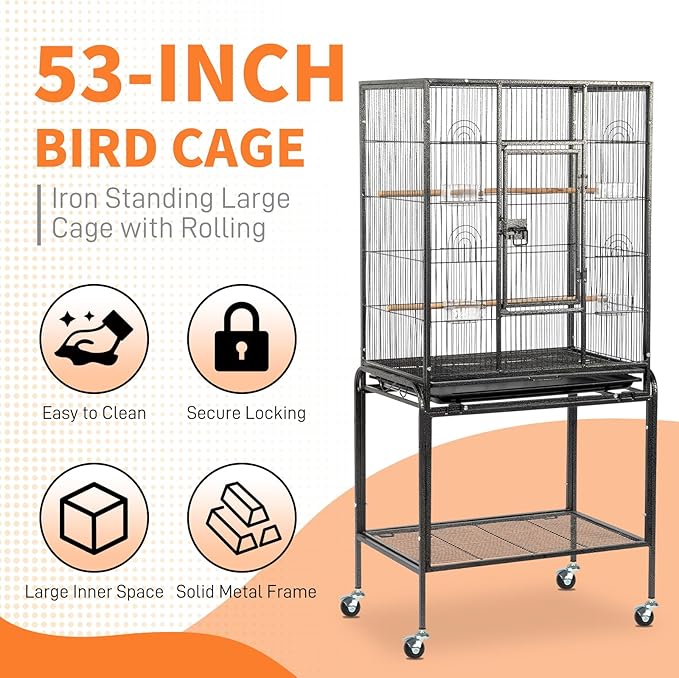 VINGLI 53-inch Bird Cage with Wheels, Durable Wrought Iron Parakeet Cage with Slide Out Tray, Black Bird Cages for Parakeets/Lovebird/Cockatiels/Budgies and Other Small/Medium Birds (Black, 53 inch)