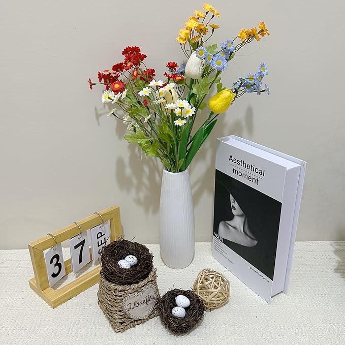 6pcs Small Faux Bird Nest with Eggs for Crafts, Artificial Rattan Birds Nest for Easter Wedding Home Paty Christmas Tree Decoration (6pcs Mixed Small Size Nest,12pcs Eggs)