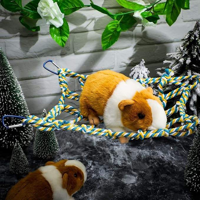 2 Pcs Rat Cage Accessories Rat Climbing Bird Rope Toys Net Pet Hanging Hammock for Hamster, Mice, Parrot, Bird, Sugar Glider, Ferret, Small Animals Habitat Decor and Play(11 x 7.8 Inch,Red, Yellow)