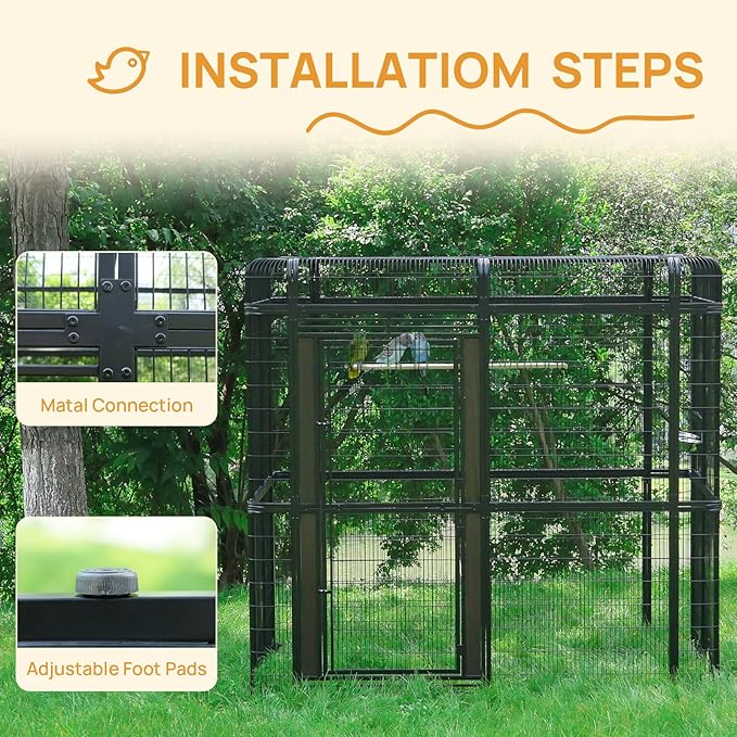 Outdoor Large Walk-in Cage 87-inch Heavy Duty Bird Cage Carbon Crystal Board Aviary Parrot Cage Wide Flight Metal Birdcage for Macaw Budgie Conure Lovebird Parakeet Cockatiel, 7.22x5.25x6.8ft, Black