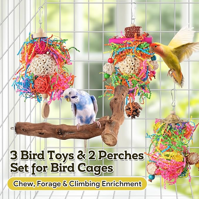 Bird Toys, Parakeet Foraging Toys, Hanging Chewing Toys with Natural Wooden Perches, Bird Cage Accessories, Suitable for Parakeets, Cockatiels, Budgies, Lovebirds & More
